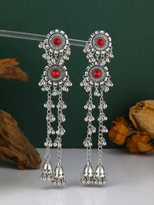 Bohemian Style Long Bell Tassel Pendant Earrings, Vintage Silver Rhinestone Floral Jhumka Earrings For Evening Party Wear - Tassel Style - View 13