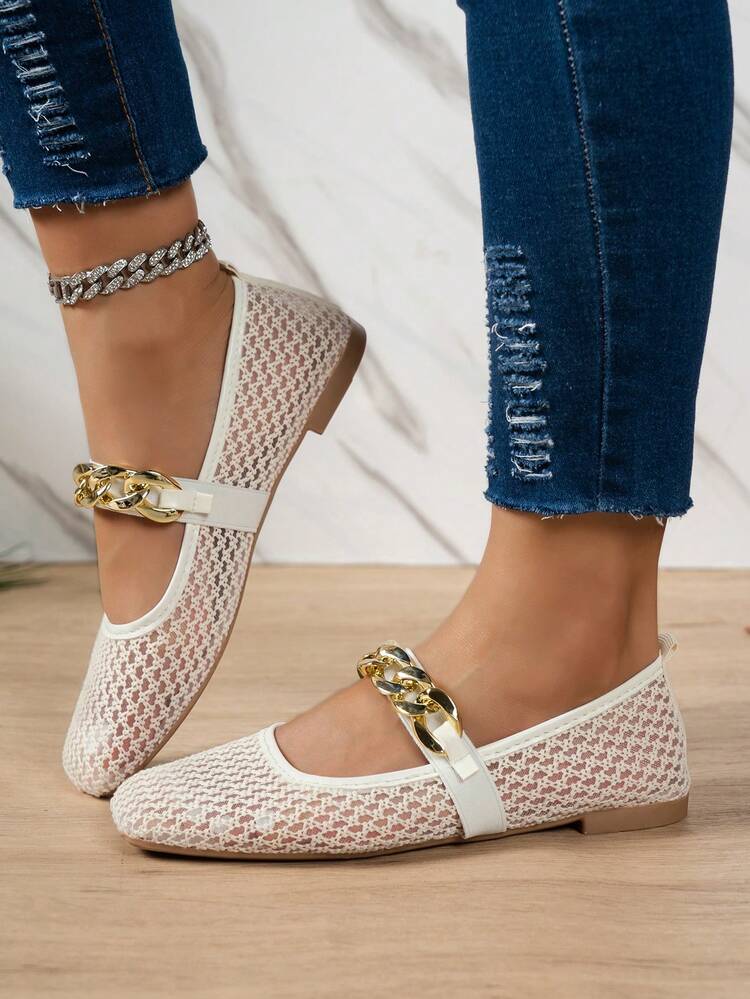 Summer Mesh Square Toe Hollow Out Mesh Women's Flat Mary Jane Shoes With Chunky Chain Strap Slip-On Ballet Shoes For Daily Commute Versatile Outing - White Chain - View 4