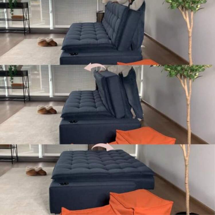 HOMEMAKE FURNITURE Sofá Cama Matrimonial Multifunción cojín de Respaldo Reversible Sofa de Sala, Sofá Cama Convertible, 2 Portavasos, Hecho en México - Azul - Añade 4