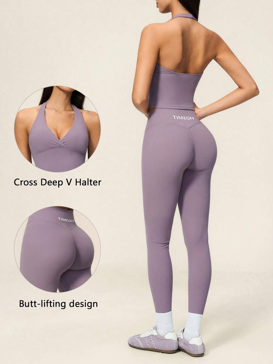 TimeOff Women's One Set Solid Color Criss-Cross V-Neck Halter Backless Cropped Tank Top & Fitted Long Pants Sports Set - Mauve Purple - View 1
