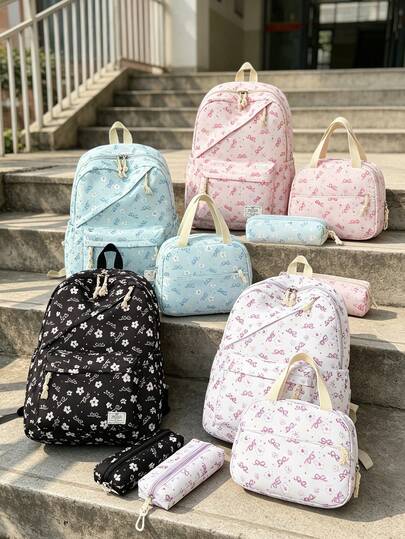 3-Piece Set - Floral/Bow Print Girls Backpack Set, Large Capacity School Day Bag, With Lunch Bag And Pencil Case, Multi-Pocket Casual Backpack, Suitable For Students/Graduates/Young People, Perfect For Back To School/Daily/Shopping/Short Trips And Outdoor Leisure Activities
