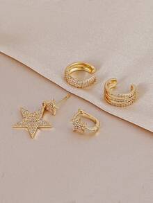 Set de 4 piezas de exquisitos clips y pendientes de estrella de circonita cúbica, aretes apilables de varias capas, adecuados para uso diario, citas y fiestas de mujeres - Amarillo Oro - Ver 5