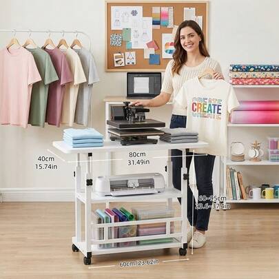 Heavy-Duty Wheeled Heat Press Table, Three-Tier Height-Adjustable Rolling Process Workstation, Suitable For DIY Sublimation Transfer Machines And Printers, Mobile Worktable Trolley With Storage Rack For Storing Heat Transfer Accessories