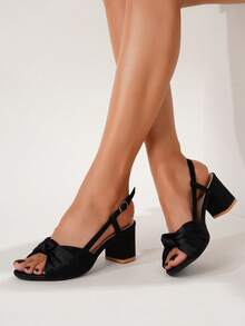 Women Knot Detail Chunky Heeled Slingback Sandals, Glamorous Summer Satin Heeled Sandals,Block Heels - Black - View 7