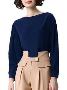 Blusa de seda de manga larga con cuello cuadrado para mujer, estilo informal, suelta, para oficina - Morado - Ver 9