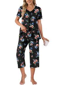 Anyally - Conjunto de pijama de verano para mujer, camisa de manga corta y pantalones capri de 2 piezas, pijama plisado con bolsillos - Malva plisada - Ver 28