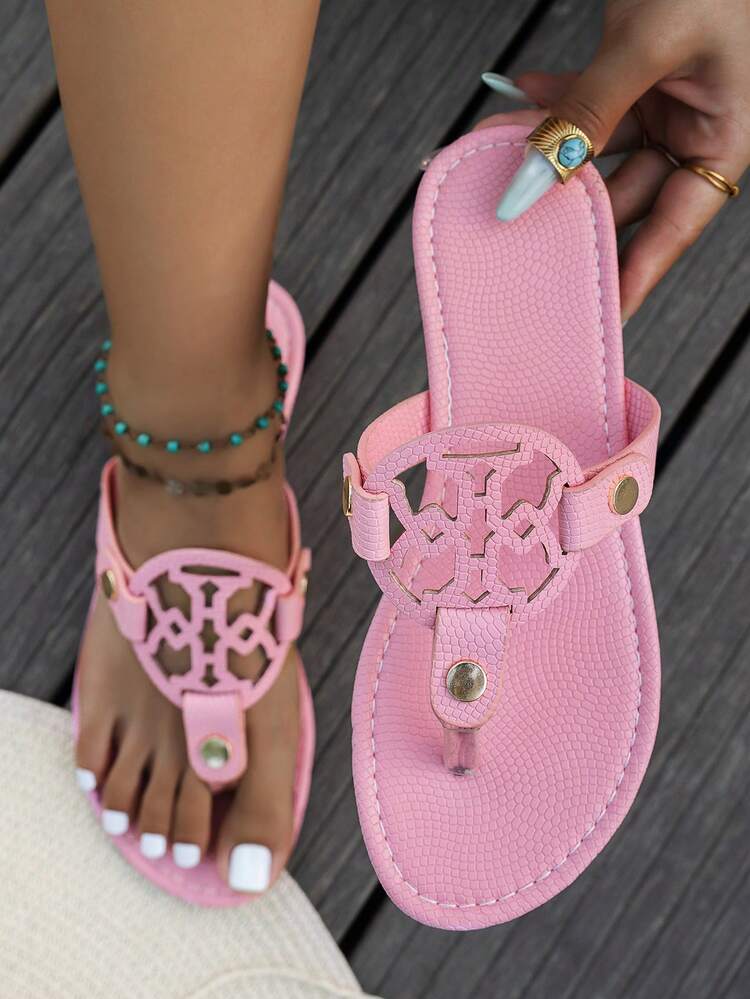 Women's Hollow Logo Thong Flat Sandals, Summer Casual Outdoor Beach Flip Flops - Pink - View 3