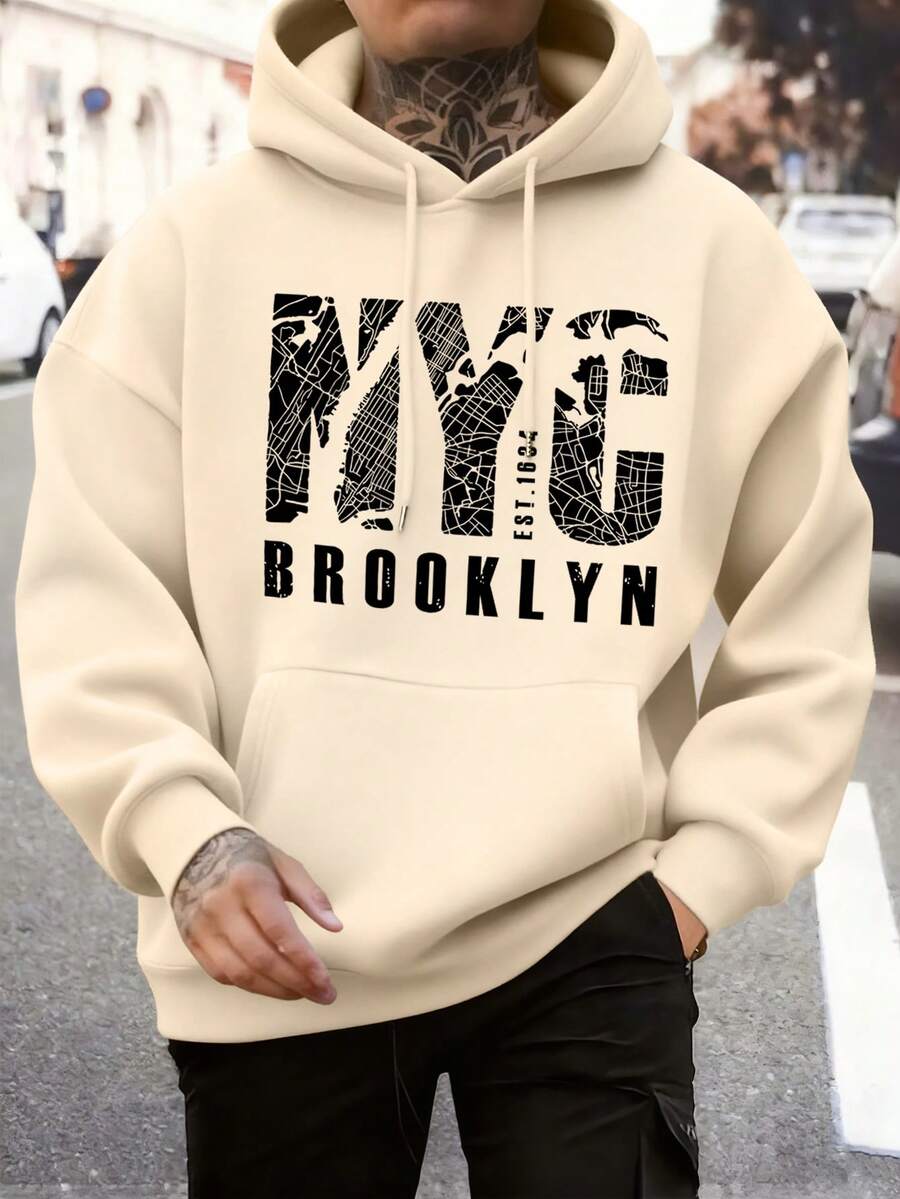 男士休閒街頭風春秋款 NYC 口號印花口袋抽繩連帽衛衣 - 杏色 - 查看 1