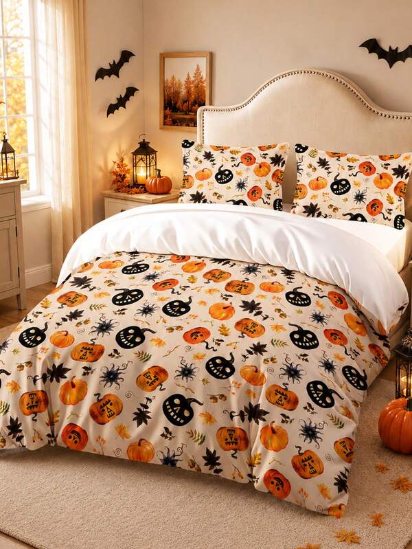 3pcs Halloween Pumpkin Bedding Set (1 Duvet Cover + 2 Pillowcases, No Filling) Classic Orange And Black Holiday Print, Falling Leaves, Ghosts, And Spider Web Designs, Aesthetic Room, Party Gift, Holiday Bedroom Decor, Halloween Gift, Bedding