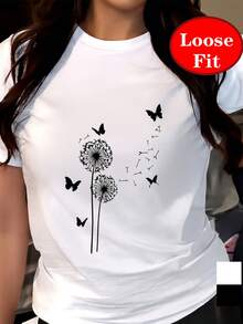 Camiseta de manga corta con cuello redondo y estampado de diente de león y mariposa, top casual de primavera/verano, ropa de mujer de talla grande. - Negro - Ver 8