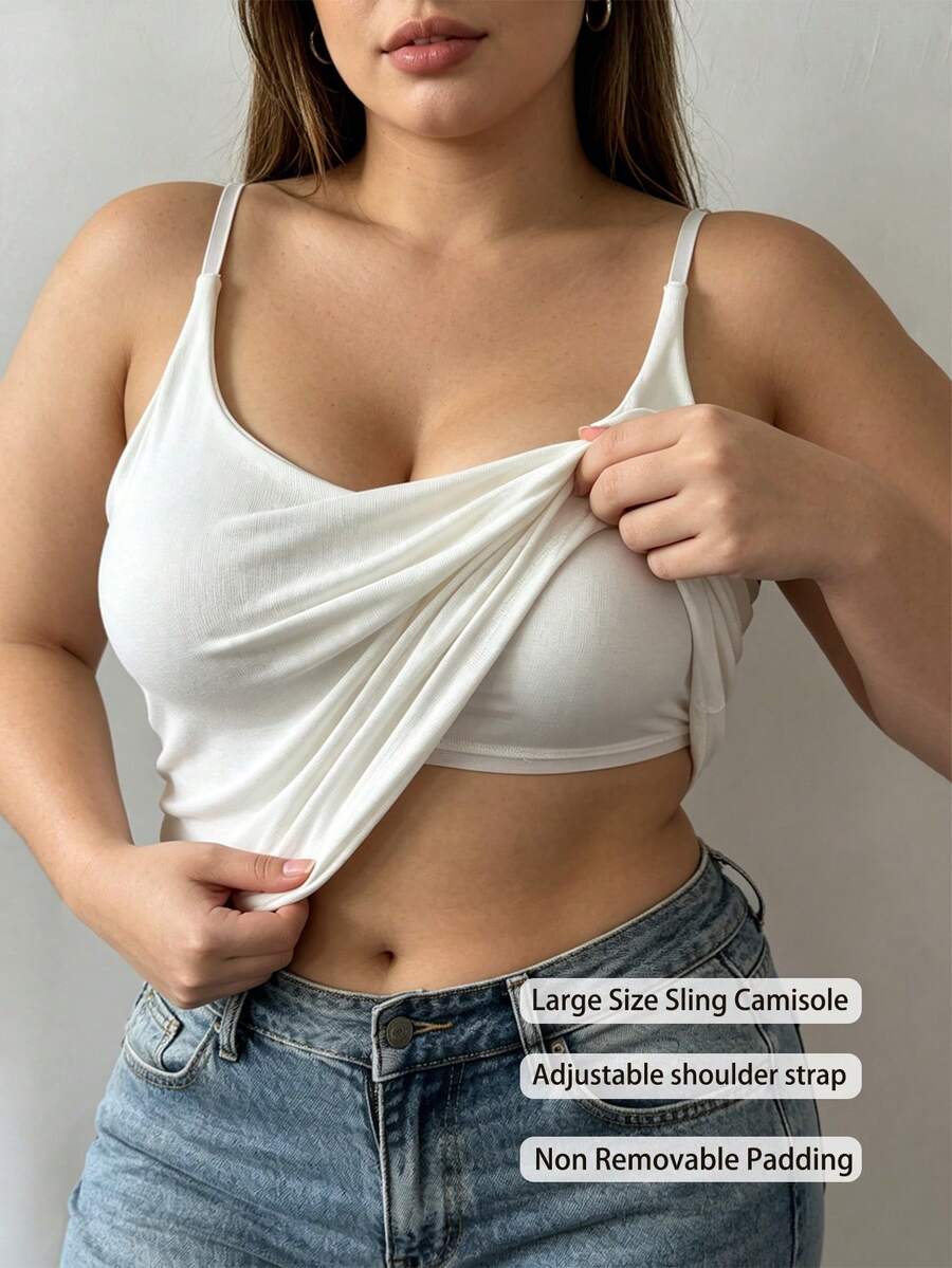Women Plus Size Sling Camisole With Integrated Bra Pads, Adjustable Thin Shoulder Straps Stretchy Ribbed Basic Layering Tank Top Daily Outfit - White - View 1