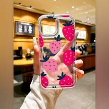 Strawberry Pink Red Full-Coverage Transparent Screen Protector Cases with Large Anti-Drop and Shockproof Hole for  11, 11 PRO, 11 PRO MAX, 12 MINI, 13 MINI, 12, 12 PRO, 12 PRO MAX, 13, 14, 13 PRO, 13 PRO MAX, 14 PRO, 14 PLUS, 14 PRO MAX, 15, 15 PLUS, 15 PRO, 15 PRO MAX, 16, 16 PRO, 16 PLUS, 16 PRO MAX, 16E, 17, 17 PRO, 17 AIR, 17 PRO MAX - transparente - Ver 2