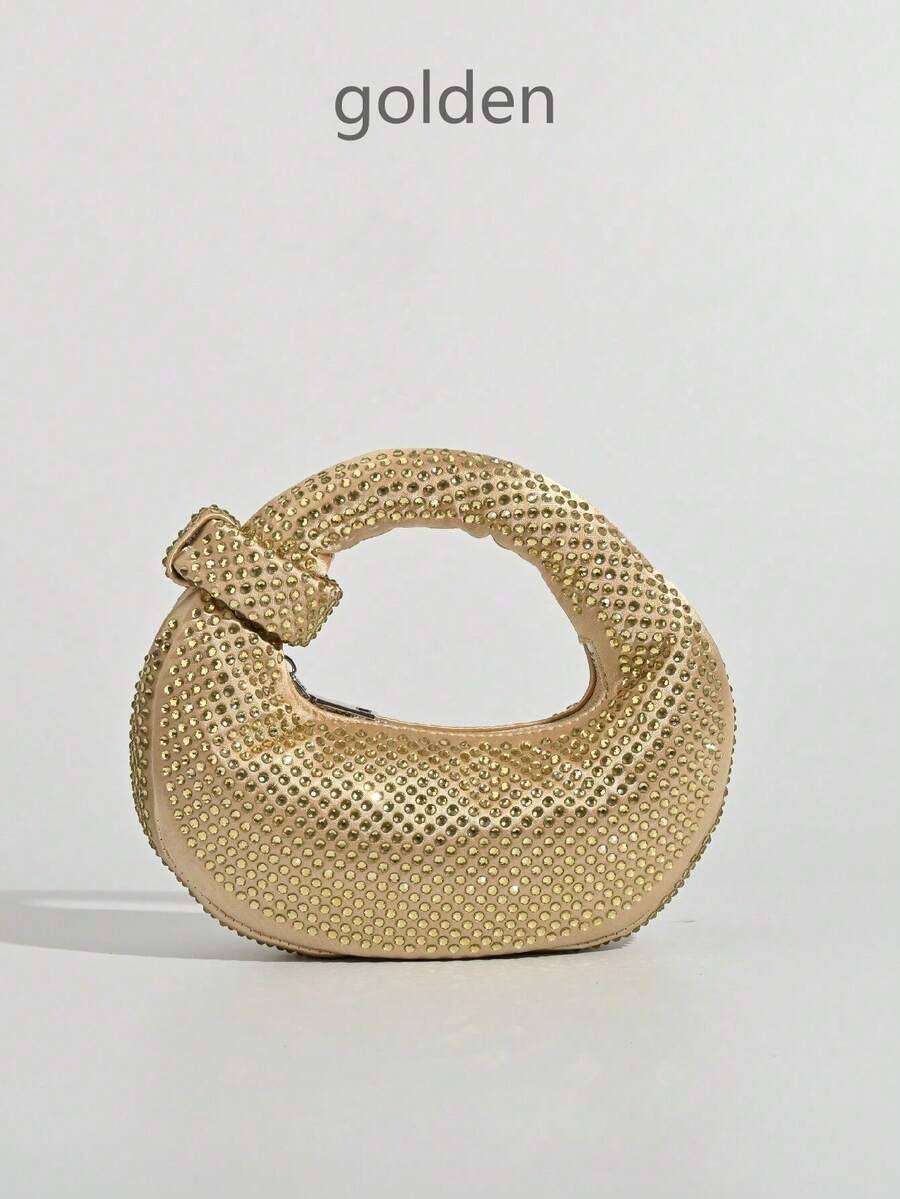Mini Hobo Bag In A Crescent Shape, Fully Covered In Rhinestones, Integrated Circular Handle With Bow, Zipper, Various Colors, Women's Party, Wedding, Birthday Gift - 金色 - 查看 1