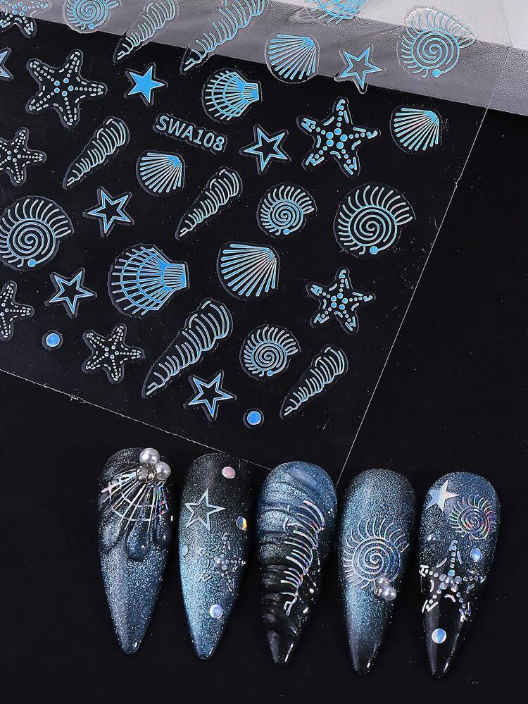 Summer Ocean 3D Seashell Nail Art Stickers 2Pcs Holographic Silver Gold Line Conch Starfish Embossed Self-Adhesive Nail Decals Beach Sea Theme Manicure DIY Decor Accessories - Multicolor - View 2