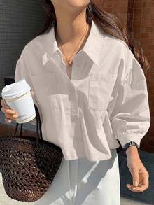 Camisa casual de manga larga holgada de unicolor para mujer, para el verano - Caqui - Ver 1