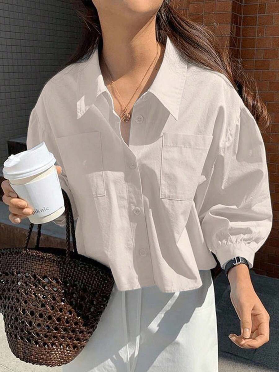Camisa casual de manga larga holgada de unicolor para mujer, para el verano - Caqui - Ver 1