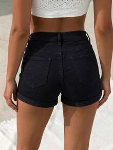 Denim Girl 夏季彈性牛仔短褲，音樂節時尚性感修身破洞海灘短褲，毛邊下擺黑色休閒款 - 黑色 - 查看 5