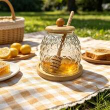 Clear Honeycomb Glass Honey Jar With Wooden Honey Stick & Bamboo Base Airtight Honey Storage Pot Decorative Honey Container For Home Coffee Shop Breakfast Table Decor - Multicolor - View 2