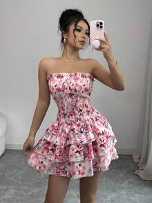 LunaCass8  Vestido de señora con diseño de volantes pequeños y sexy de color rosa - Rojo y negro - Ver 2