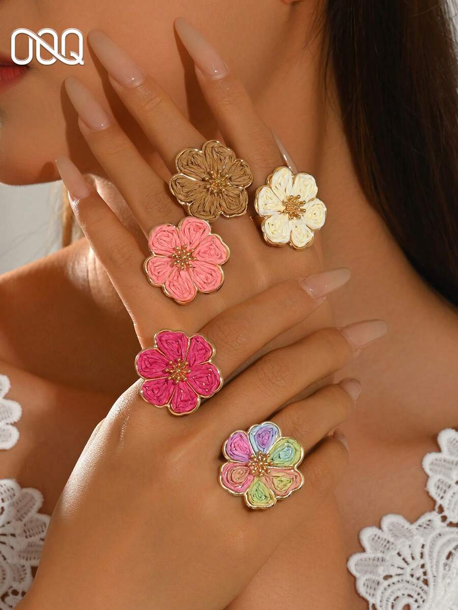 OOQ 1pc Minimalist Handmade Raffia Flower Open Metal Ring For Women, Colorful Dopamine Bright Summer Holiday INS Style, Suitable For Women's Daily Wear, Dating, Party, Versatile Gift For Her (Handmade Weaving Method Random, Purely Handmade May Have Occasional Glue Overflow) - Six-petaled Flower - View 1