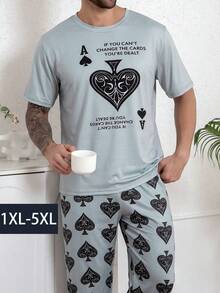 Men's Plus Size Fashion Pajama Set, Summer Round Neck Pullover Simple Thin Short Sleeve Long Pants Comfortable Casual Homewear - Multicolor - View 1