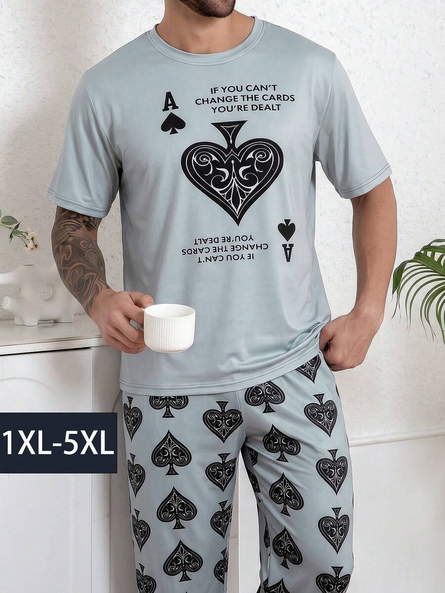 Men's Plus Size Fashion Pajama Set, Summer Round Neck Pullover Simple Thin Short Sleeve Long Pants Comfortable Casual Homewear - Multicolor - View 1