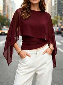 Top de manga larga elegante con ajuste ceñido y bajo asimétrico de unicolor, adecuado para citas de verano por la noche - Rojo - Ver 1