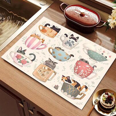 1pc Absorbent Mat, Kitchen Cartoon Cute Cat Tea Cup Quick Dry Restaurant Table Mat, Non-Slip Washable Multi-Size Dust-Proof Mat, Coffee Mat
