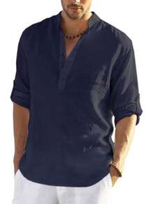 VictorFit Camisa de algodón y Lino para Hombre, Manga Larga, Estilo Hippie, Casual, para la Playa - Gris - Ver 8