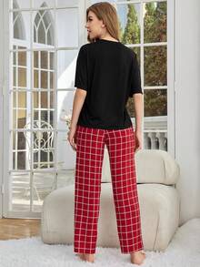 Conjuntos de pijama para mujer con cuello de rosca, top de manga corta y pantalones largos a cuadros, ropa de dormir de 2 piezas para otoño, primavera y invierno. - Negro - Ver 2