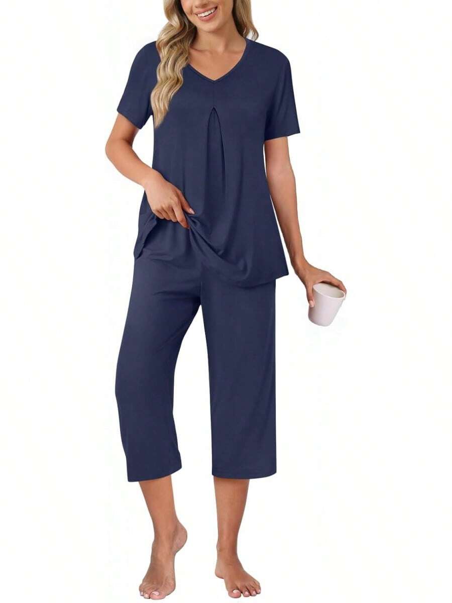 Anyally - Conjunto de pijama de verano para mujer, camisa de manga corta y pantalones capri de 2 piezas, pijama plisado con bolsillos - Malva plisada - Ver 1