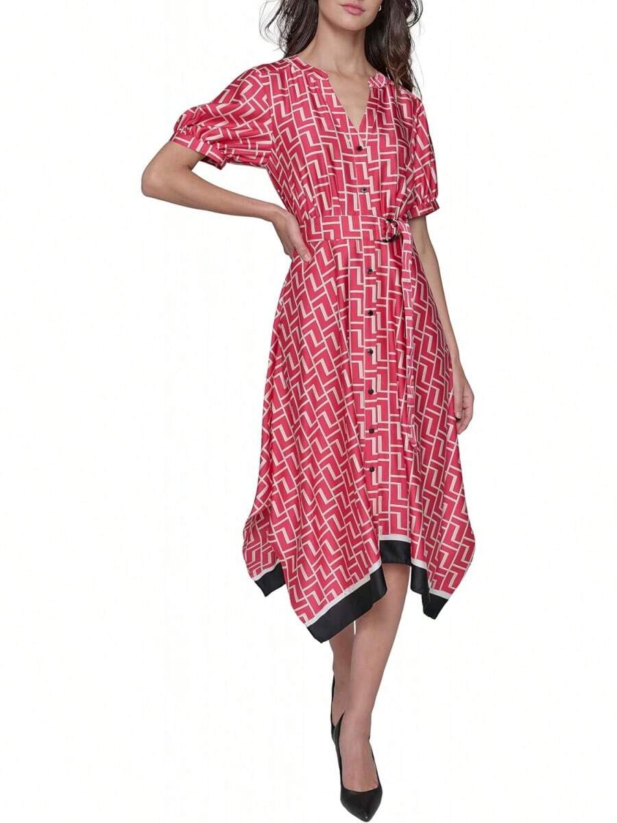 Vestido Midi Informal para Mujer con Mangas Cortas Abullonadas y Dobladillo Tipo Hanky - Combo Galleria - Ver 1