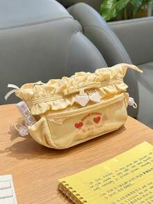 1pc Fashionable Embroidered Heart Pattern Pencil Case (Pencil Case Only), Large Capacity Multi-Compartment Storage, Durable Fabric, Suitable For Daily Storage, Practical And Versatile, Back To School Season,Back To School Season - Heart-shaped Pencil Case - View 2