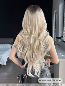 NAMM 28-Inch Extra Long Wavy Light Golden Wig For WomenWith Curtain Bangs Dark Roots, Synthetic Fiber Hair Full Machine Costume Hair Wigs For Cosplay Decoration Music Festival Dance Party Street Wear Use-Beginners Glueless Wig Accessories - Gold - View 3
