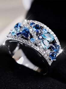1pc Royal Blue Crystal Teardrop Stone Ring Simulated Aquamarine Engagement Ring Daughter Mom Relative Gift - Silver - View 3