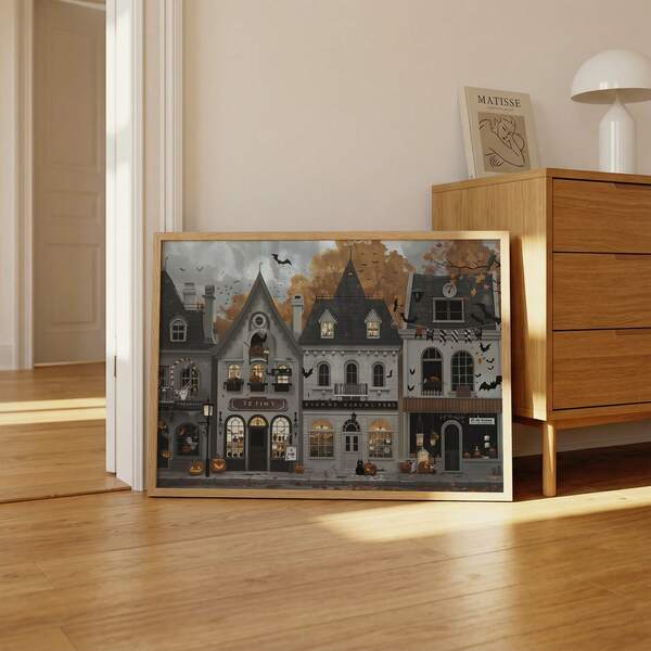 1pc Frameless Halloween Town Street Vintage Spooky Village Wall Art Print, Gothic Seasonal Painting, Minimalist Whimsical Decor For Bedroom, Dorm, Living Room, Apartment, Back To School, Funky Posters, Room Decor, College Dorm Essentials,Unique Gift