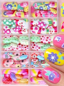 10 Grids 120Pcs Short Square Kids Nail Salon Fake Nails For Girls Cute Butterfly Flower False Nail Kawaii Cartoon Full Cover Manicure Nail Tips Chlidren Christmas Birthday Gift - Multicolor - View 3