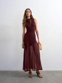 Vestidos elegantes para fiesta casuales para mujer punto canalé combinado tul estilo francés verano diseño exclusivo transparente largo - Rojo - Ver 2