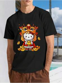 Playera Oversize Estampado Gato Kawaii Cuello Redondo Básica Moda Juvenil Estilo Japonés Urbano Y2K Chica Gráfico Novedad - Negro - Ver 1