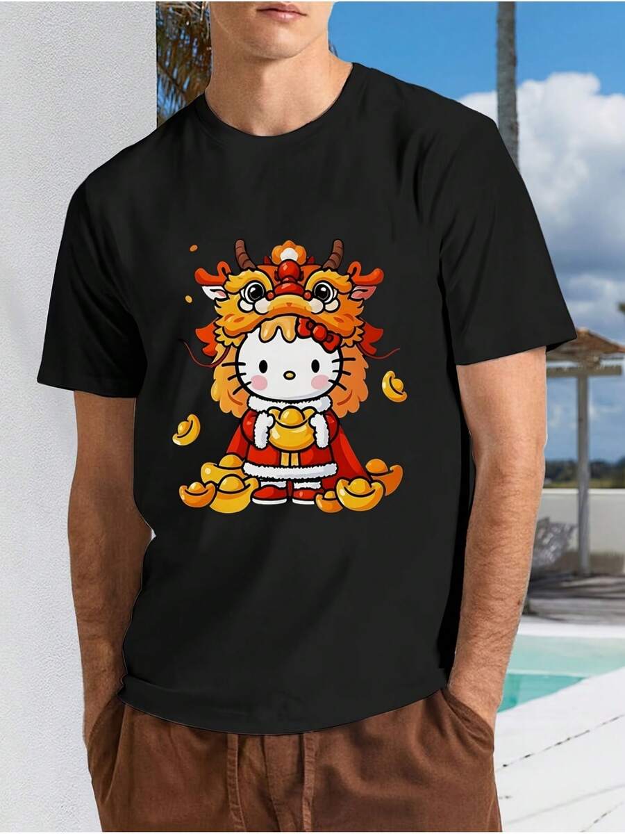 Playera Oversize Estampado Gato Kawaii Cuello Redondo Básica Moda Juvenil Estilo Japonés Urbano Y2K Chica Gráfico Novedad - Negro - Ver 1