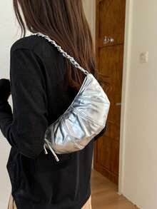 Bolso de mujer 2026 nueva moda estilo croissant dumpling, bolso para teléfono, bolso de hombro, bolso cruzado pequeño - Plateado - Ver 3