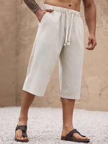 Men's Solid Color Minimalist Linen Capri Pants, Suitable For Beach, Vacation, Beach Party Style - Beige - View 3