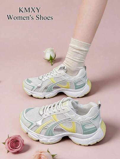 KMXY Women's Spring/Autumn New Thick Sole Chunky Sneakers, Mesh Breathable Low-Cut Wedge Heel Casual Shoes, Lightweight Versatile Fashion Lace-Up Shoes, White/Grey/White Colorway, Running Shoes, All-Season Athletic Shoes