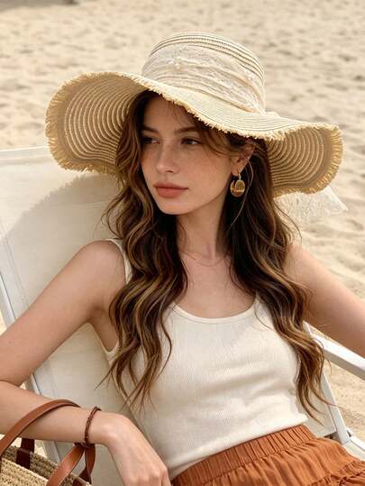 1pc Women's Straw Hat, Bohemian Polyester (Polyester) Fashion Outdoor New Style, Wide Brim, Personalized Women's Sun Protection Breathable Straw Hat, Suitable For Daily Outdoor Use