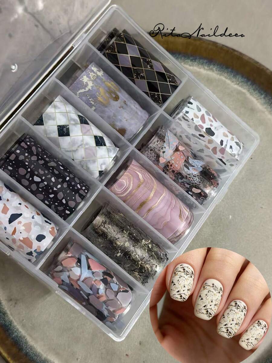 RITANAILDECO RitaNail 10-Roll Set Nail Transfer Paper Non-Self-Adhesive Professional Nail Salon Choice Compatible With Transfer Glue For Home Nail DIY Nail Artist Minimalist Japanese Style Simple Stone Texture Starry Sky - Multicolor - View 1