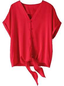Camisa de verano de manga corta con botones de seda para mujer, con cuello en V, color liso, para oficina y dama, blusa casual - Rojo - - Ver 3