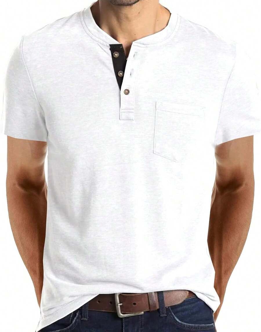 YOUTHGO Camiseta Henley Casual para Hombre Playera de Solapa Frontal de Manga Corta con Botones - Caqui - Ver 1