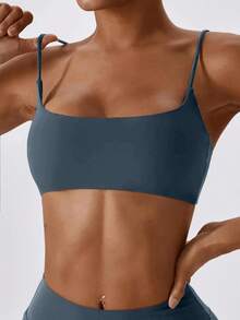 Sostén deportivo sin varillas para mujer, sólido, deportivo, transpirable y cómodo, ropa deportiva para damas para yoga y gimnasio - Azul polvoriento - Ver 2