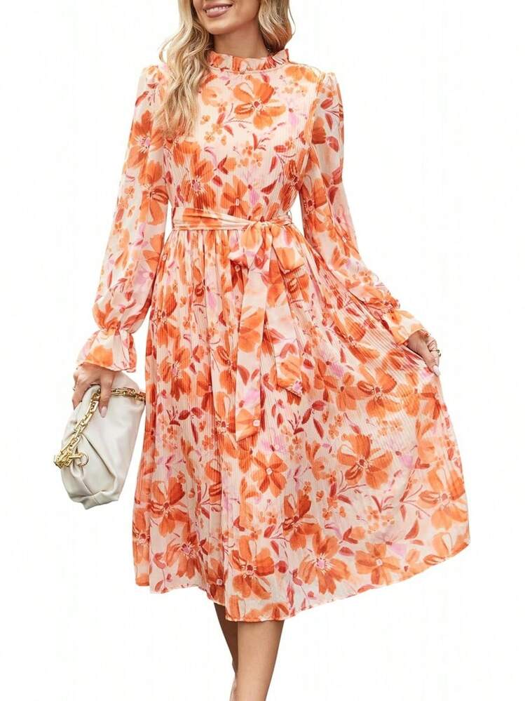 ANRABESS - Vestido midi floral para mujer, manga larga, con volantes, de gasa, acampanado, plisado, con cinturón, vestido de fiesta para té - Hojas florales. - Añade 11