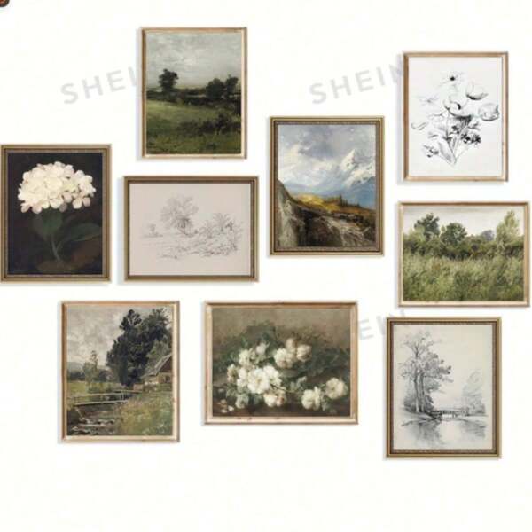 9pcs Vintage Botanical Landscape Art Prints, Optional Framed Poster Set, French Country Deep Green Vintage European Landscape Floral Wall Art Decor, Suitable For Bedroom And Living Room, Canvas Wall Art, Room Poster, Home Decor, Room Decoration Aesthetics, Room Decoration